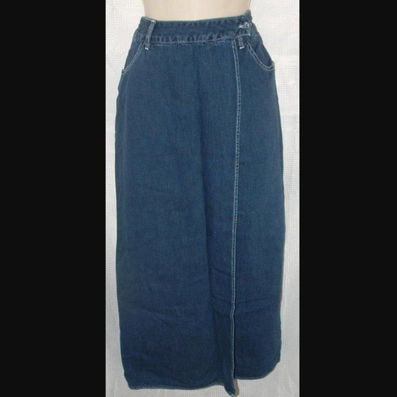 GUESS Denim Sz Jr Large Cotton Casual Wraparound Blue Jean Midi Skirt Pockets - Picture 1 of 4